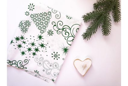 Тканина польська "Ялинки зелені з візерунків" на білому