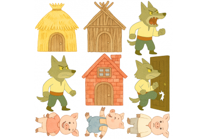 Жесткий фетр с принтом сказка "Три поросенка (класическая