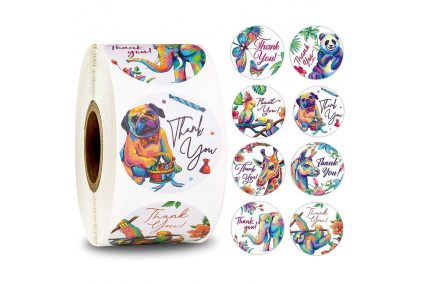 Наклейки на бобине "Thank you" зверята яркие 500шт/рул.