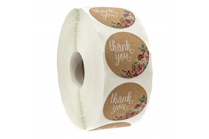 Наліпки на бобіні "Thank you" з квітами крафтові 500шт/рул.