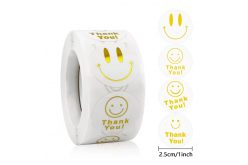 Наклейки на бобине "Thank you/смайлы" золотые на белом