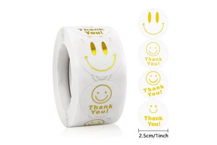 Наклейки на бобине "Thank you/смайлы" золотые на белом