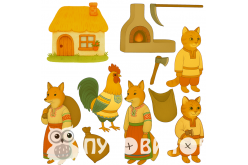 Жесткий фетр с принтом сказка "Котик и петушок" 20х20см