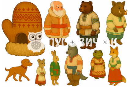 Жесткий фетр с принтом з принтом сказка "Рукавичка" макси