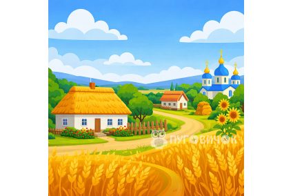 Фетр корейский жесткий с узором фон: село 20х20см