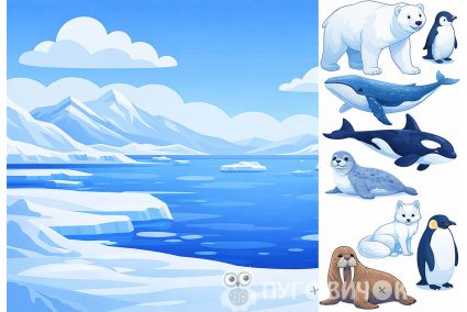 Фетр корейский жесткий с узором фон+зверята: арктика/антарктика