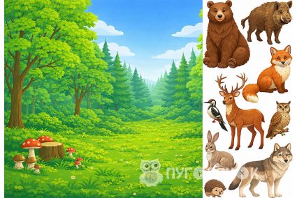 Фетр корейский жесткий с узором фон+зверята: лес 20х30см