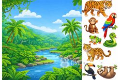 Фетр корейский жесткий с узором фон+зверята: джунгли 20х30см