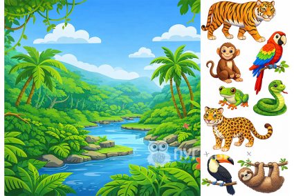 Фетр корейский жесткий с узором фон+зверята: джунгли 20х30см