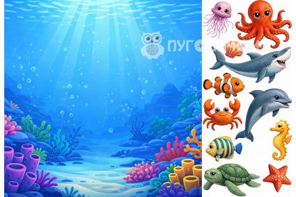 Фетр корейський жорсткий з візерунком фон+звірята: море/океан