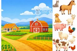 Фетр корейский жесткий с узором фон+зверята: ферма 20х30см