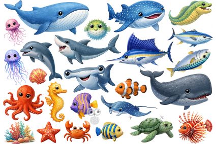 Фетр жорсткий з візерунком "Звірята морські" 20х30см