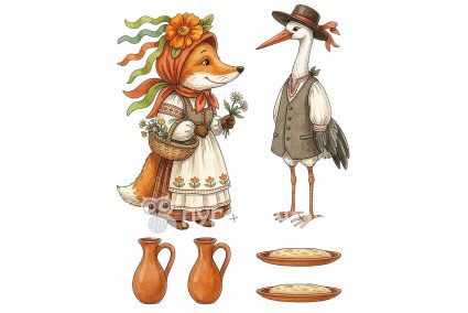 Жорсткий фетр з принтом казка "Лисичка і журавель" реалістична