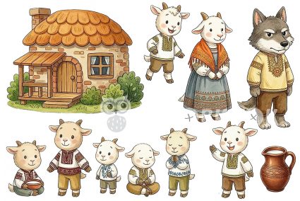 Жесткий фетр с принтом з принтом сказка "Волк и семеро козлят"