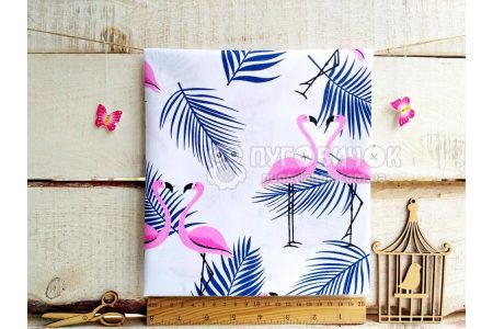 Ткань польская "Фламинго розовые с синей пальмовой ветвью" на