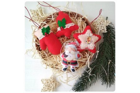 Набор игрушек из фетра "Санта Клаус, Колокольчик, Рукавичка и